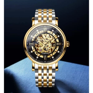 Đồng hồ nam chính hãng Lobinni LB9010G-T2 Kính sapphire,Chống nước, BH 24th,Máy cơ Automatic,mặt tròn lộ cơ ,dây mạ vàng