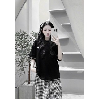 Set Bộ Đồ Nữ Đen Trắng Thêu NGựa Áo Phông Thụng Viền Chỉ Màu Mix Quần Suông Dài Kẻ Caro Ống Rộng