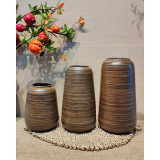 Set 3 Lọ Bình Cắm Hoa Bát Tràng Men Nâu Mộc Vân Ganh Khắc Nổi Dáng Đu Đủ Decor Phòng Khách