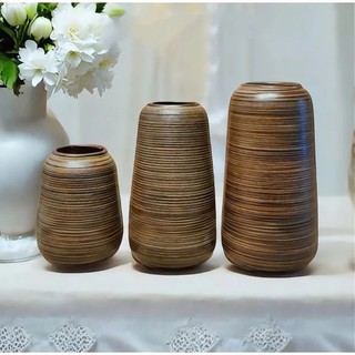 Set 3 Lọ Bình Cắm Hoa Bát Tràng Men Nâu Mộc Vân Ganh Khắc Nổi Dáng Đu Đủ Decor Phòng Khách
