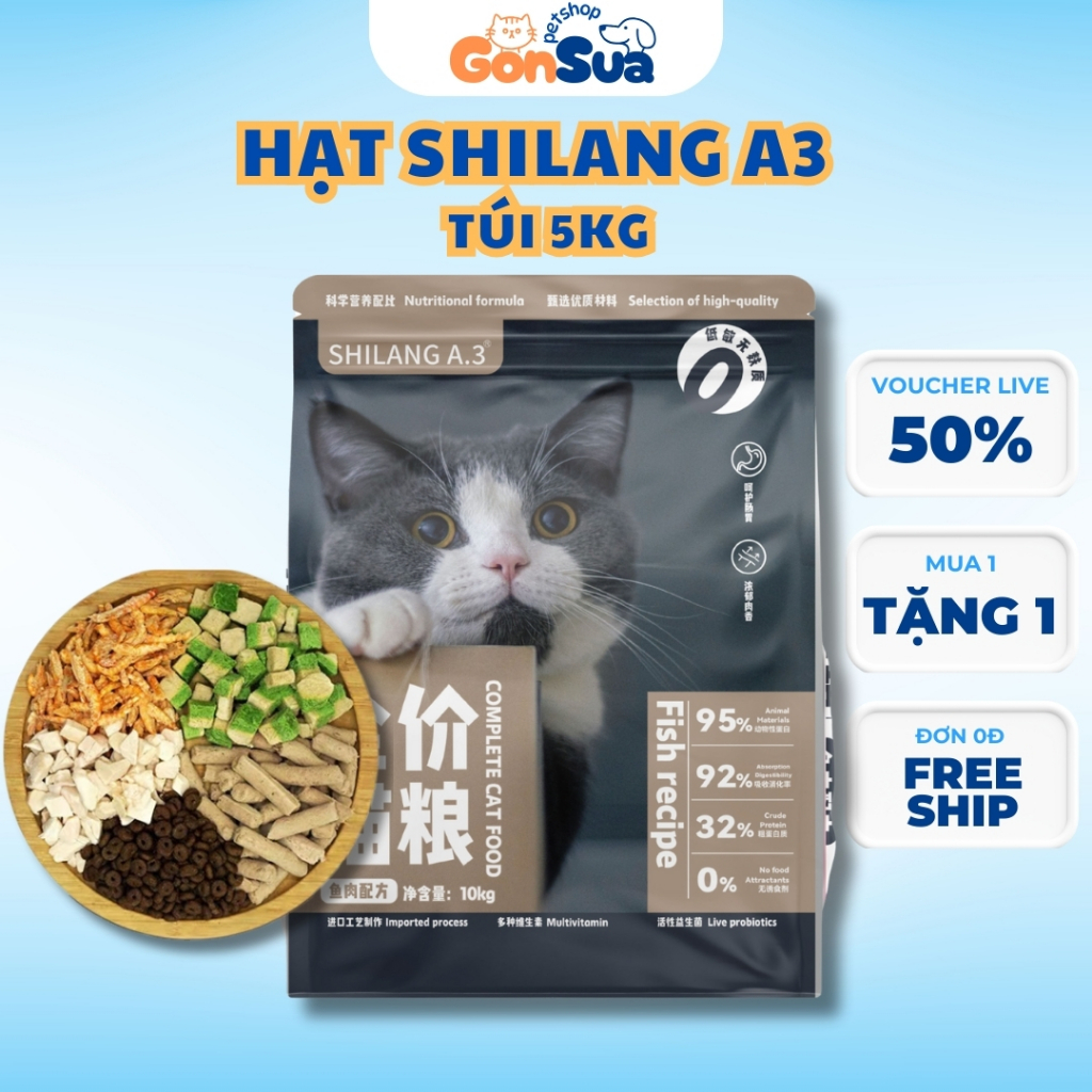 [TÚI 5KG] Hạt Mèo SHILANG A3 – Công Thức Thịt Gà, Tép, Tủy Xương & Cỏ Mèo – Hạt Mèo Dinh Dưỡng, Không Độn Ngũ Cốc