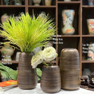 Set 3 Lọ Bình Cắm Hoa Bát Tràng Men Nâu Mộc Vân Ganh Khắc Nổi Dáng Đu Đủ Decor Phòng Khách