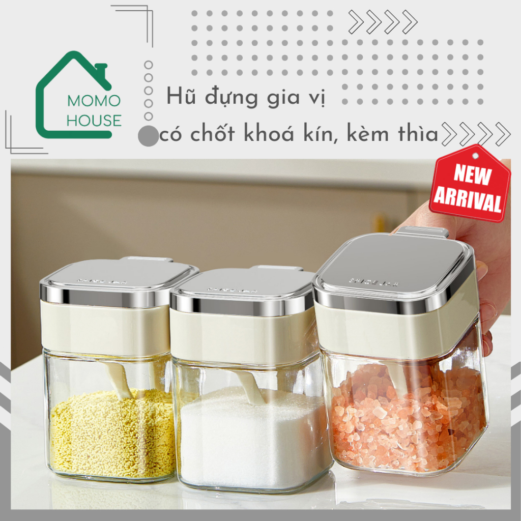 Hũ Đựng Gia Vị Cao Cấp Có Chốt Khoá Kín Kèm Thìa 380ml MOMO HOUSE, Lọ Đựng Gia Vị Thuỷ Tinh Nắp Mạ Bạc Sang Trọng