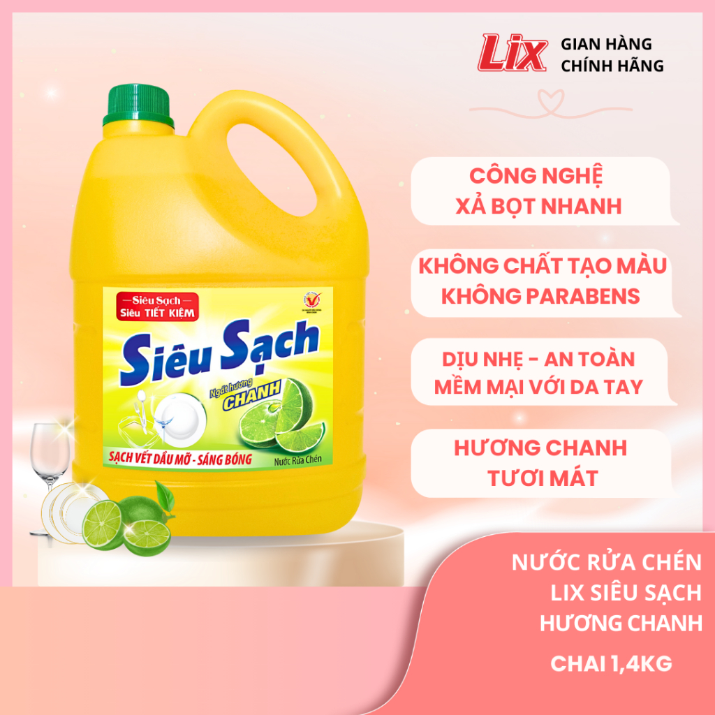 Ảnh Nước rửa chén Lix siêu sạch hương trà xanh, hương chanh 1.4Kg thơm dịu sạch bóng vết dầu mỡ 3