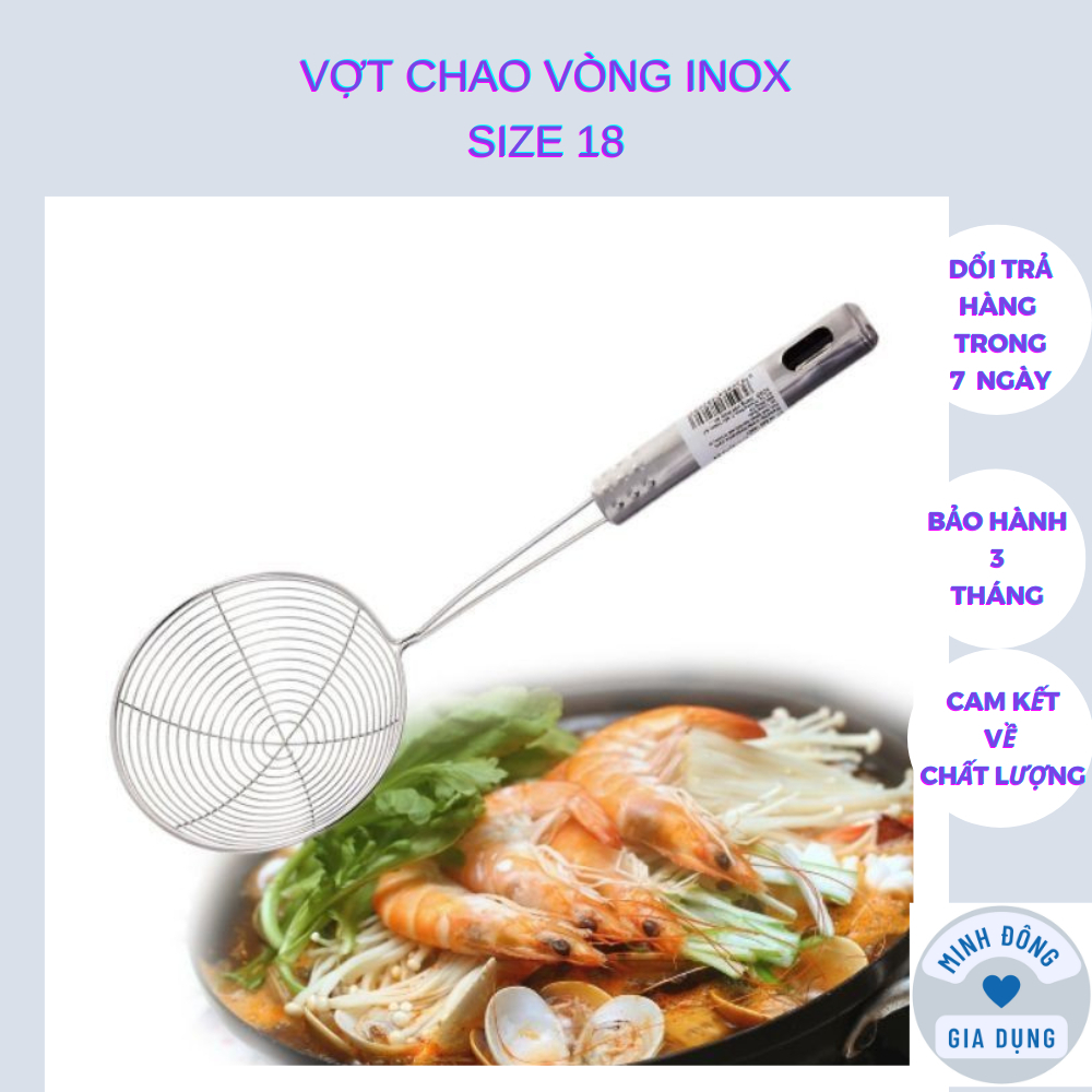 Vợt lẩu nấu rán chiên chao vòng 18cm vớt thức ăn bằng inox bền đẹp sáng bóng