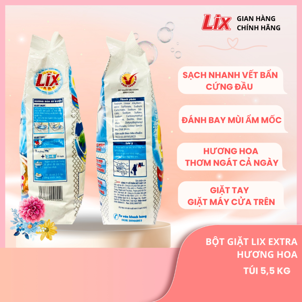 Ảnh Bột giặt Lix Extra hương hoa 5.5Kg EB568 làm trắng quần áo tăng gấp đôi sức mạnh lưu hương lâu cho giặt tay và máy 1