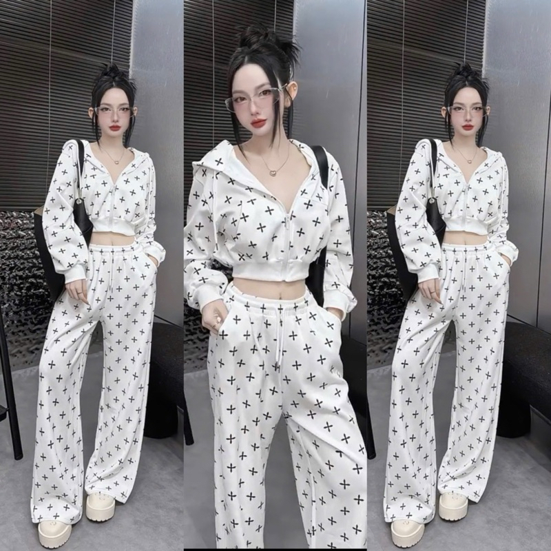 L782- combo 3 món, sét bộ dây kéo áo ngoài tay dài có nón, kèm áo ống, quần suông dài in full, chất thun tăm (38-55kg)