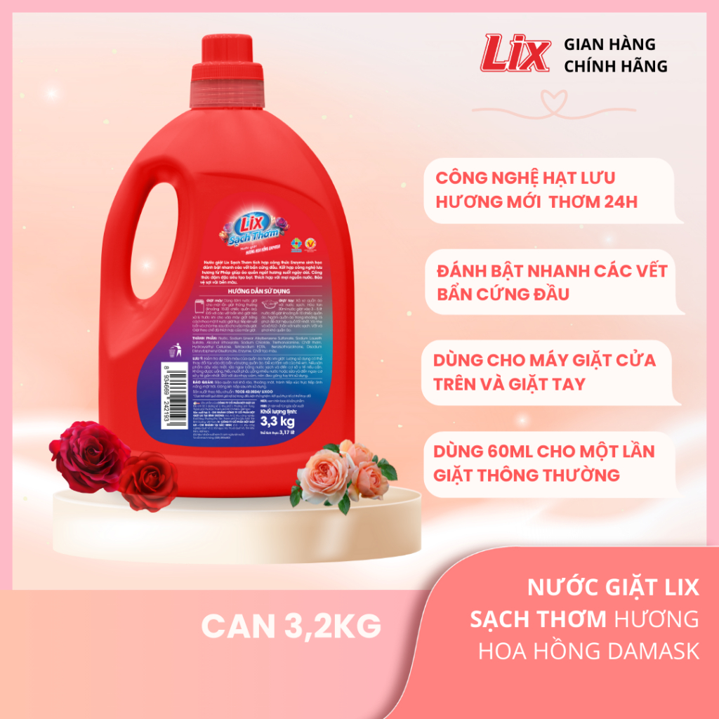 Ảnh Nước giặt Lix sạch thơm hương hoa hồng Damask Lixco Việt Nam nước giặt Lix cho giặt tay và giặt máy túi 3,2kg 18403 1