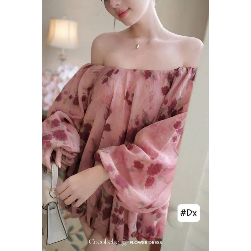 Váy babydoll trễ vai hoa tơ , tay phồng may chun co giãn , dáng bom mang phong cách nhẹ nhàng thanh lịch