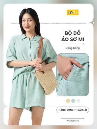 Bộ áo quần nữ YODY set áo sơ mi form rộng, quần short lưng chun, thoải mái, thoáng mát WCST25S033