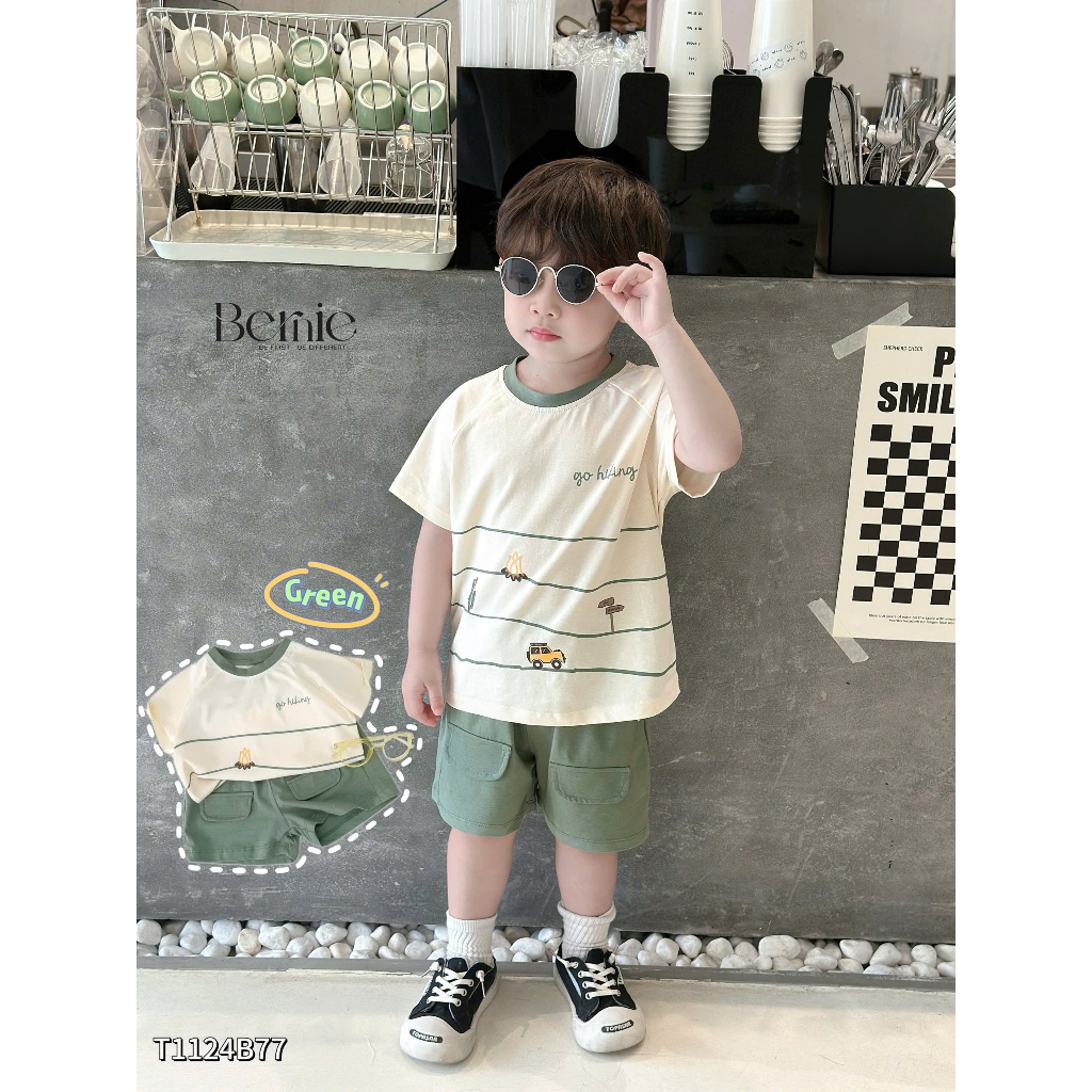 ( BERNIE) Bộ quần áo hè cộc tay Go Hiking phối viền cổ chất vải cotton co giãn mềm mại cho bé đi học đi chơi size 9-23kg