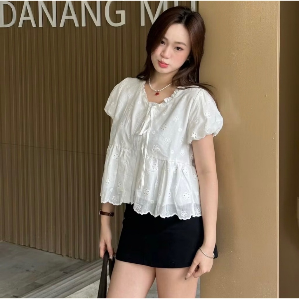 Áo babydoll cổ thắt nơ phối viền bèo tay bồng xinh xắn LALA  A40
