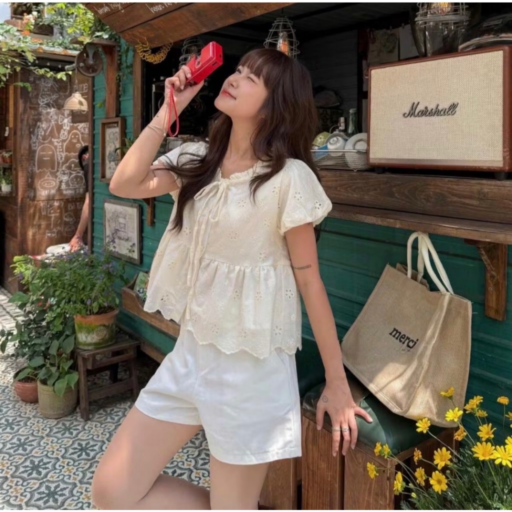 Áo babydoll cổ thắt nơ phối viền bèo tay bồng xinh xắn LALA  A40