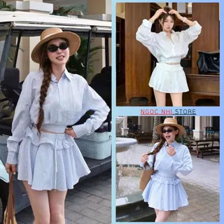 Set váy nữ áo sơ mi dài tay bó eo mix chân váy xòe bèo khoe dáng thanh lịch hottrend
