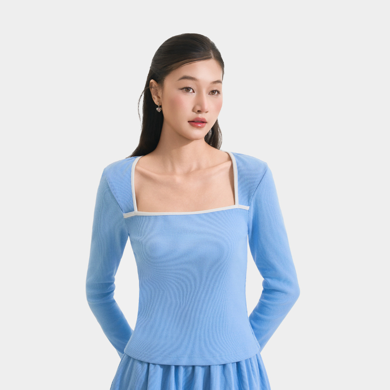 Ảnh Áo Thun Gân Tay Dài MARC FASHION Form Ôm Cổ Vuông Phối Viền - CBNH011625 4
