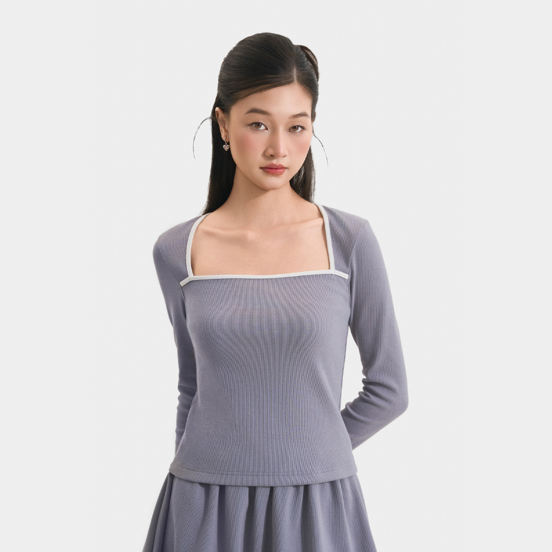Ảnh Áo Thun Gân Tay Dài MARC FASHION Form Ôm Cổ Vuông Phối Viền - CBNH011625 1
