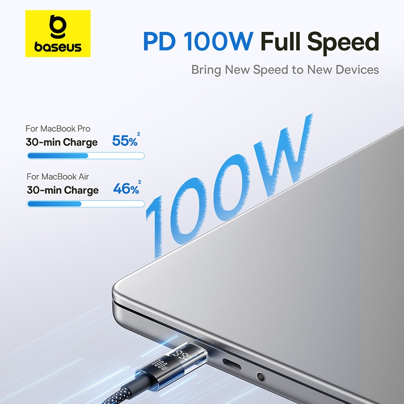 Cáp dữ liệu sạc nhanh Baseus Display 2 Type-C sang USB-C 100W Dây cáp sạc nhanh 1m 2m cho iP 15 16 Xiaomi Huawei