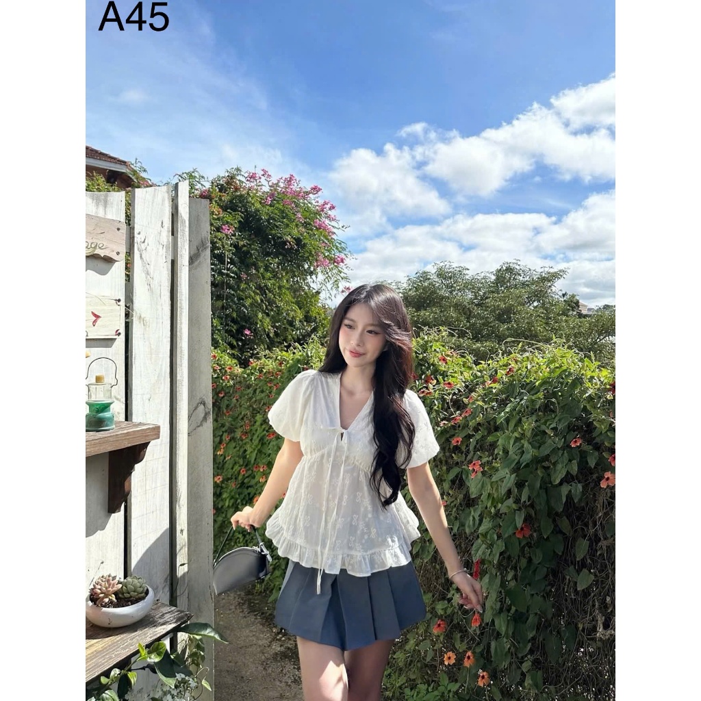 Áo babydoll tay phồng cổ V buộc nơ bánh bèo LALA  A45