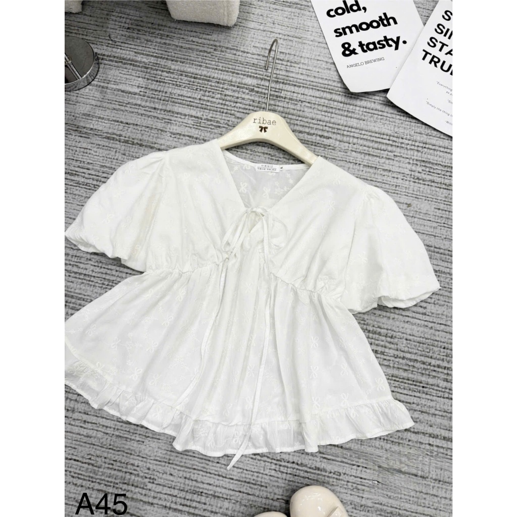 Áo babydoll tay phồng cổ V buộc nơ bánh bèo LALA  A45