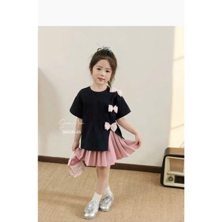 [B&G] Sét váy bé gái áo đính nơ kèm chân váy kaki 2 màu đen trắng cho bé gái từ 12-45kg(2-12 tuổi)