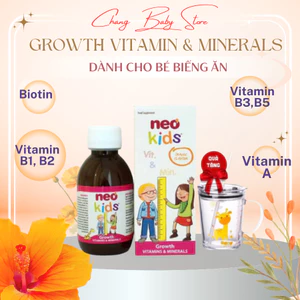 Neo Kids Growth, Siro Bổ sung 18 Vitamin và khoáng chất, hỗ trợ bé biếng ăn chai 150ml