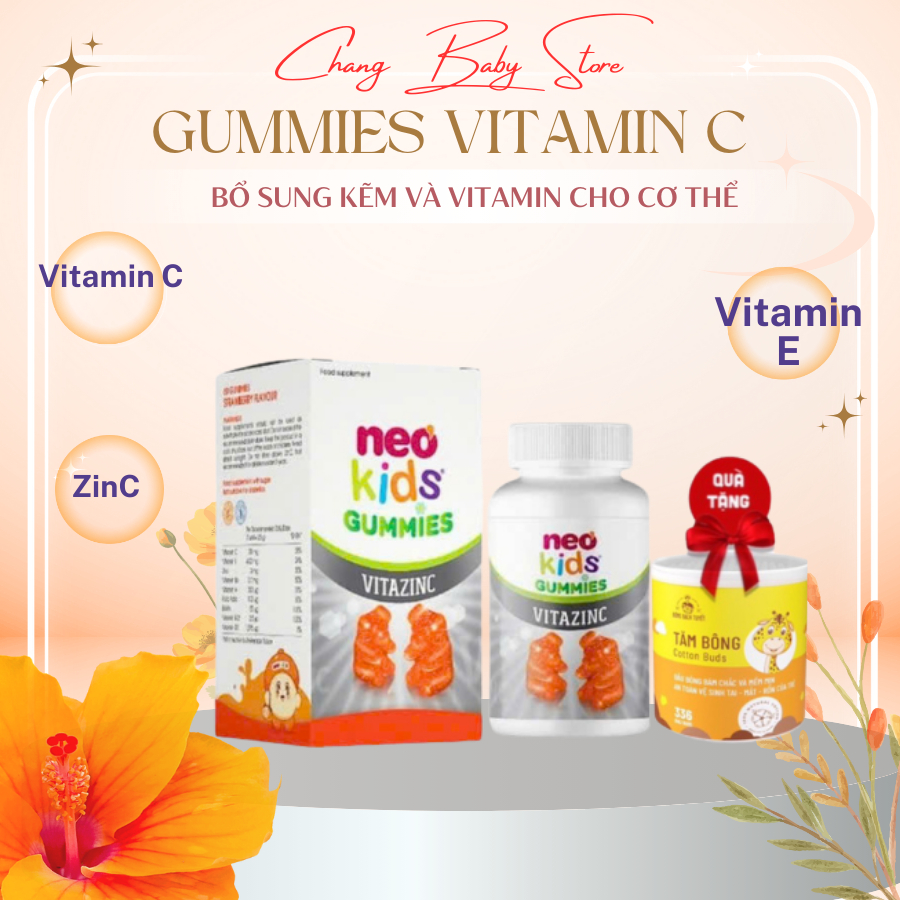 Gummies VitazinC Kẽm Hữu cơ con gấu Neokids Viên nhai Hộp 60 viên + quà