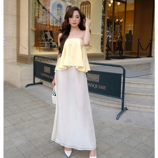 GIANG DONNA - Set SIVIA FLARE 3501 chất lụa áo crop tầng kèm chân váy suông dài xinh xắn