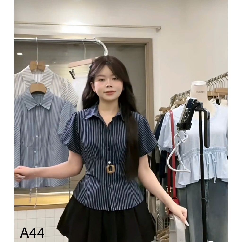 Áo sơ mi kẻ sọc tay bồng chiết eo dễ phối đồ LALA  A44