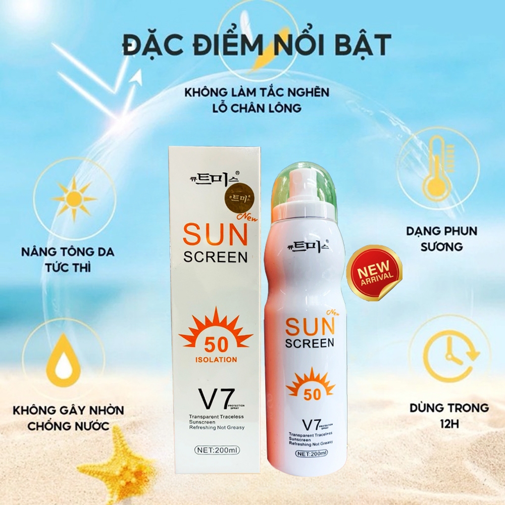 Xịt Chống Nắng Sun Screen V7 Hàn Quốc 200ml SPF50+ PA +++, Kem Chống Nắng Trắng Da Toàn Thân, Xịt Chống Nắng Nâng Tone