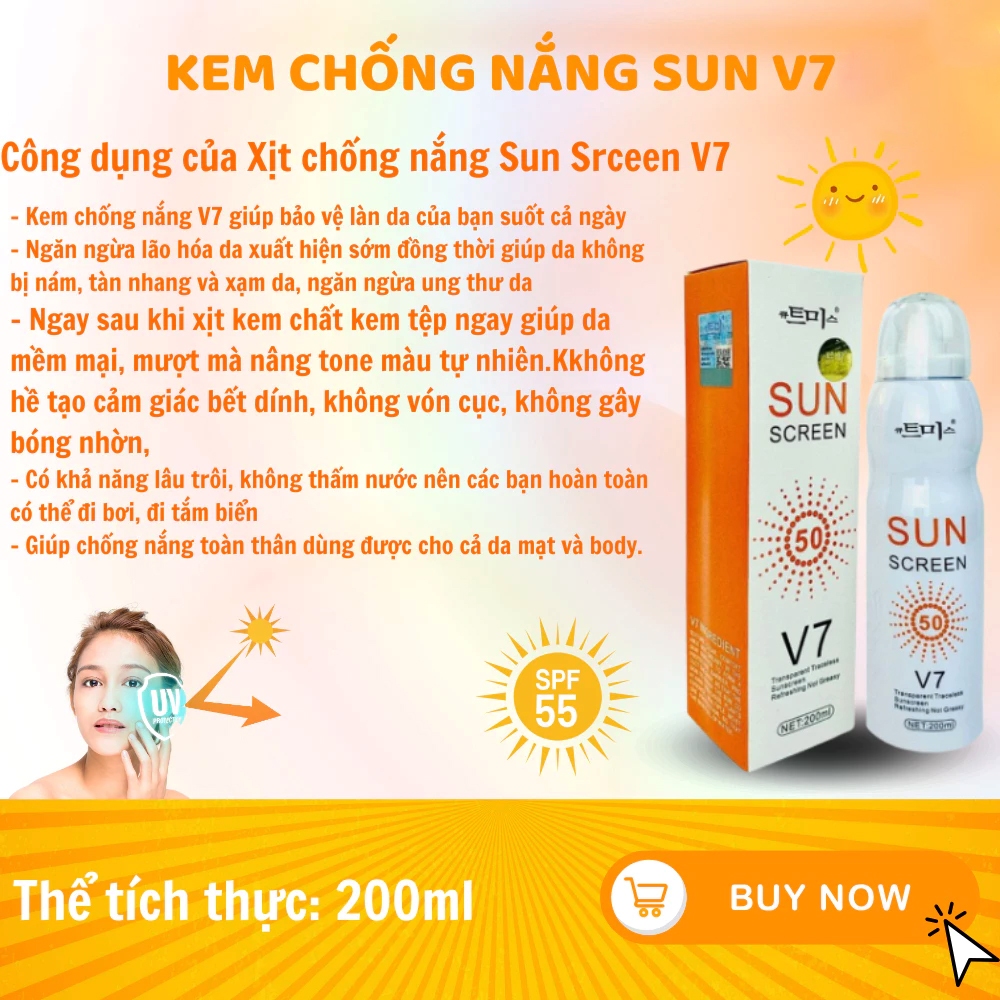 Xịt Chống Nắng Sun Screen V7 Hàn Quốc 200ml SPF50+ PA +++, Kem Chống Nắng Trắng Da Toàn Thân, Xịt Chống Nắng Nâng Tone