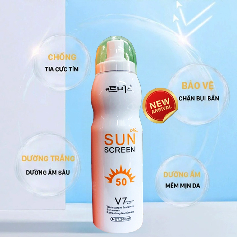Xịt Chống Nắng Sun Screen V7 Hàn Quốc 200ml SPF50+ PA +++, Kem Chống Nắng Trắng Da Toàn Thân, Xịt Chống Nắng Nâng Tone