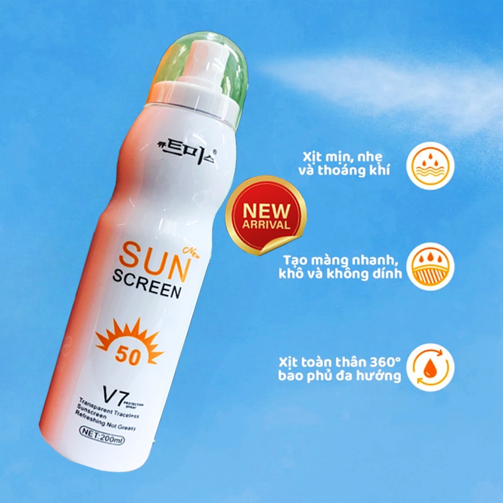 Xịt Chống Nắng Sun Screen V7 Hàn Quốc 200ml SPF50+ PA +++, Kem Chống Nắng Trắng Da Toàn Thân, Xịt Chống Nắng Nâng Tone