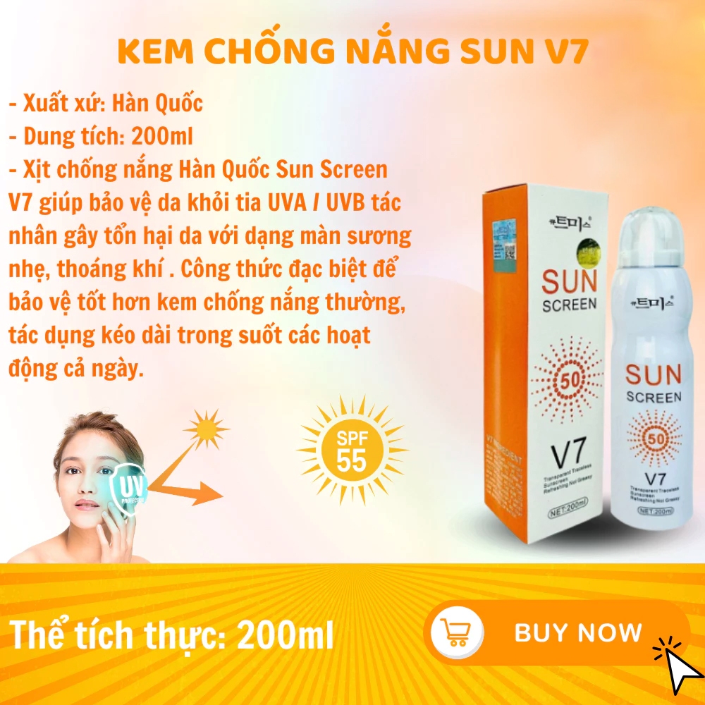 Xịt Chống Nắng Sun Screen V7 Hàn Quốc 200ml SPF50+ PA +++, Kem Chống Nắng Trắng Da Toàn Thân, Xịt Chống Nắng Nâng Tone
