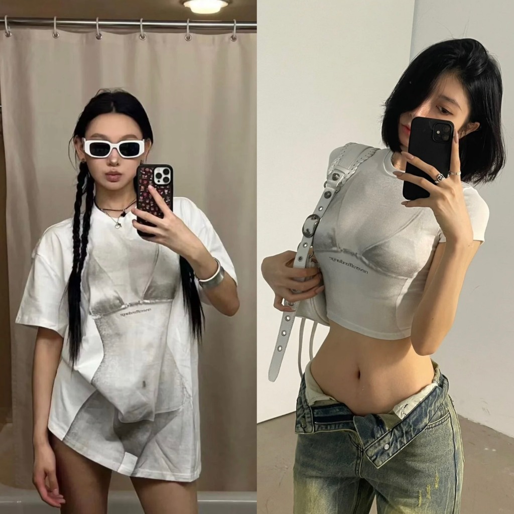 (SẴN CROPTOP)Áo thun trắng cổ tròn croptop và dáng dài họa tiết bikini ATNT007 - Tiktik