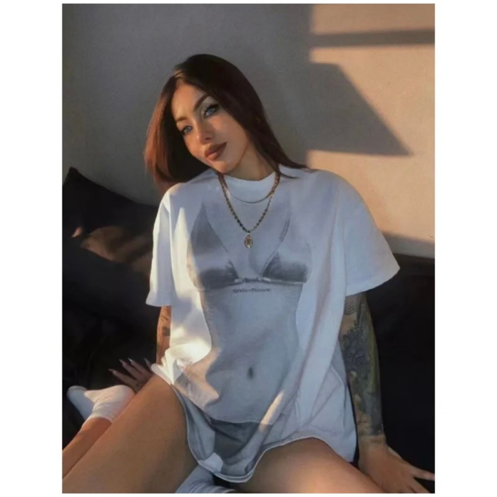 (SẴN CROPTOP)Áo thun trắng cổ tròn croptop và dáng dài họa tiết bikini ATNT007 - Tiktik