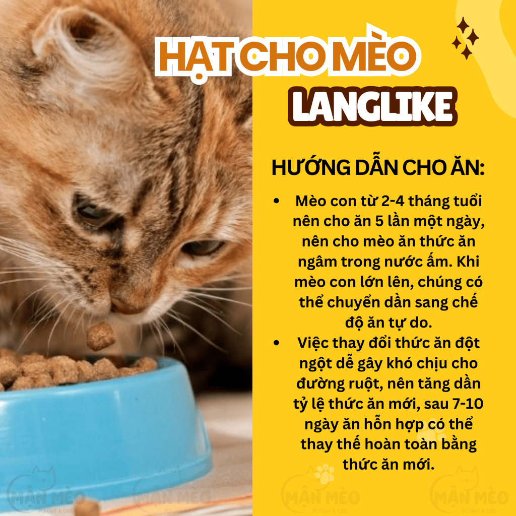 Hạt LANGLIKE thức ăn cho mèo 5kg chứa 40% Protein, 20% topping không độn ngũ cốc cùng thịt sấy