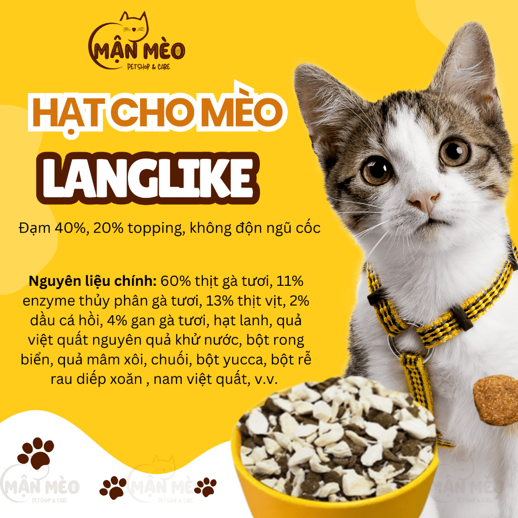 Hạt LANGLIKE thức ăn cho mèo 5kg chứa 40% Protein, 20% topping không độn ngũ cốc cùng thịt sấy