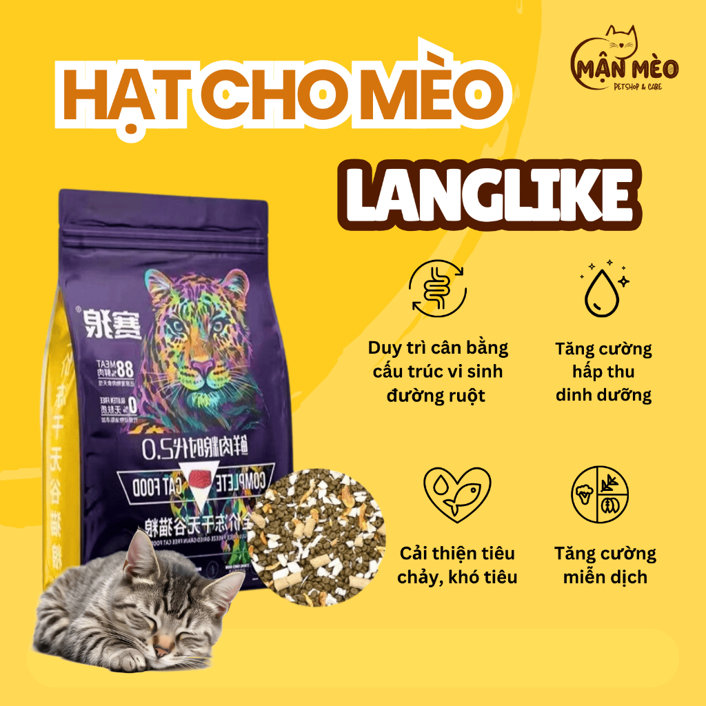 Hạt LANGLIKE thức ăn cho mèo 5kg chứa 40% Protein, 20% topping không độn ngũ cốc cùng thịt sấy