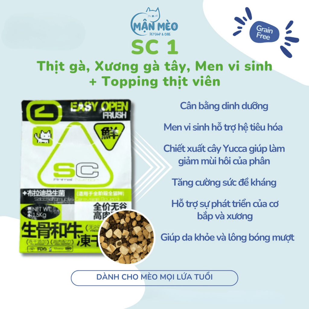 [MUA 1 TẶNG 1] Hạt cho mèo SC Aninal Nutrition siêu topping 42% protein hỗ trợ tiêu hóa, không độn ngũ cốc