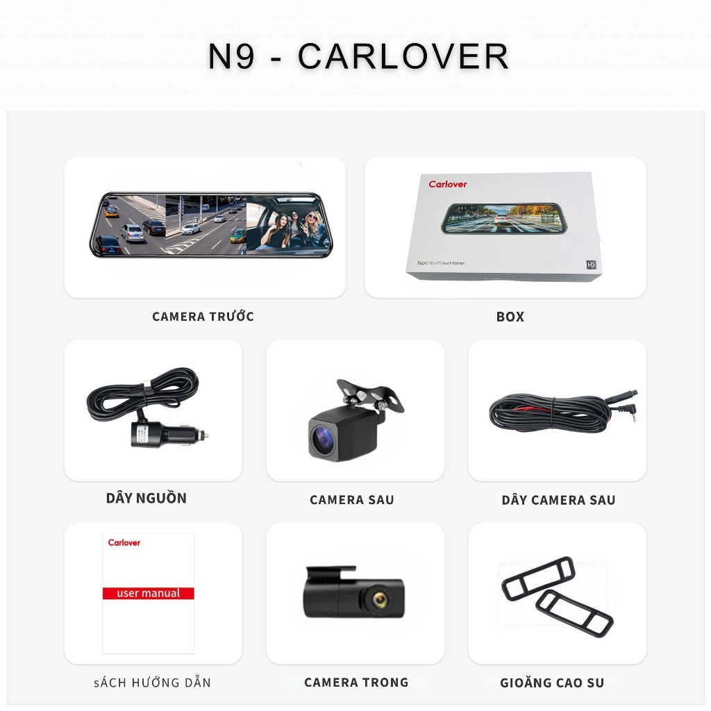 Camera hành trình gương N9 CARLOVER, Cảm ứng Full màn hình 10 inch, Đầy đủ 3 mắt camera, Kết nối điện thoại, BH 1 Năm