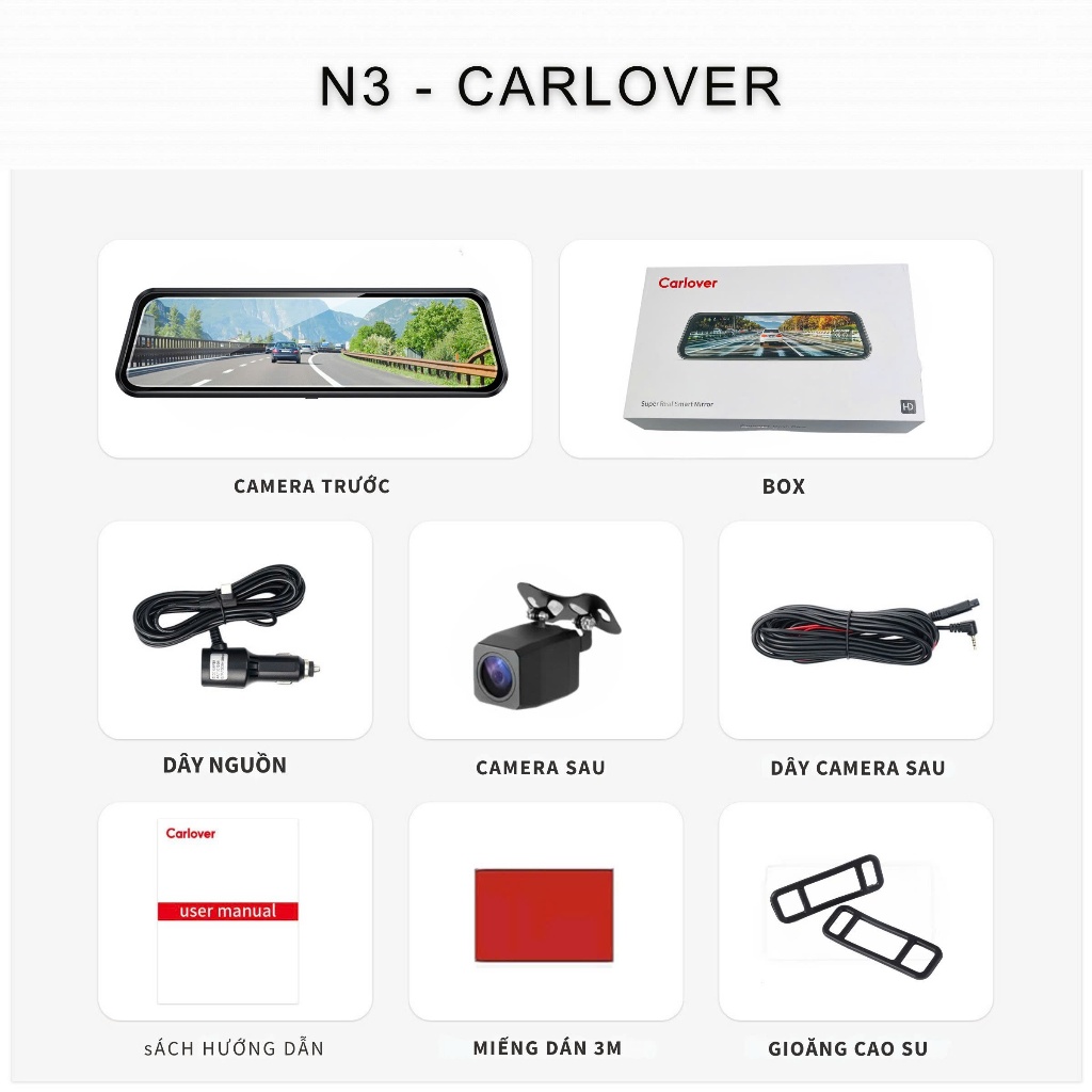 Camera hành trình gương N3 CARLOVER, Cảm ứng Full màn hình 10 inch nhiều chế độ quan sát, BH 1 Năm