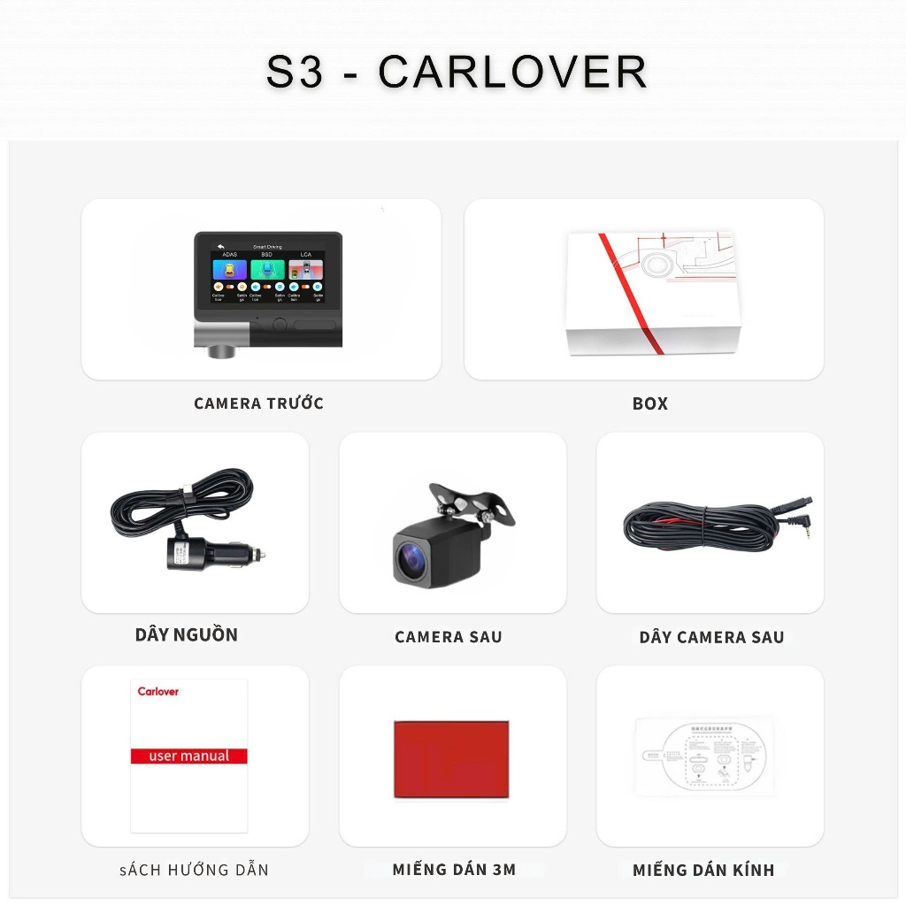 Camera hành trình ô tô S3 CARLOVER màn hình cảm ứng 3 inch, ghi hình 4K, hỗ trợ công nghệ ADAS, BSD - bảo hành 24 tháng
