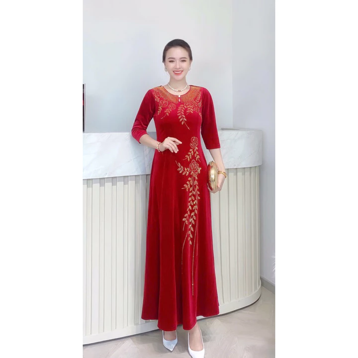 Váy Trung Niên nhung,Váy Nhung Phối Sang Trọng Cho Mẹ Cao Cấp Đính Đá Sang Trọng Váy Trung Niên Dự Tiệc Đầm Đi Cưới