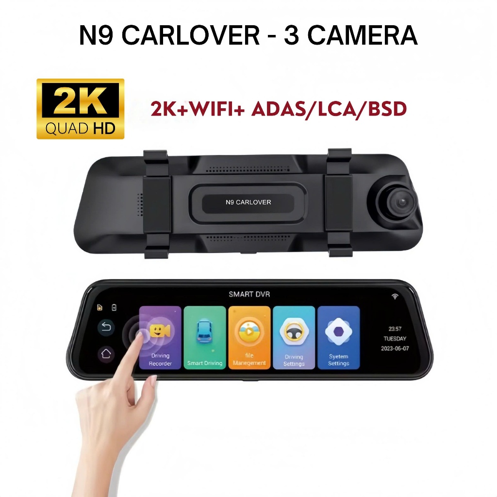 Camera hành trình gương N9 CARLOVER, Cảm ứng Full màn hình 10 inch, Đầy đủ 3 mắt camera, Kết nối điện thoại, BH 1 Năm