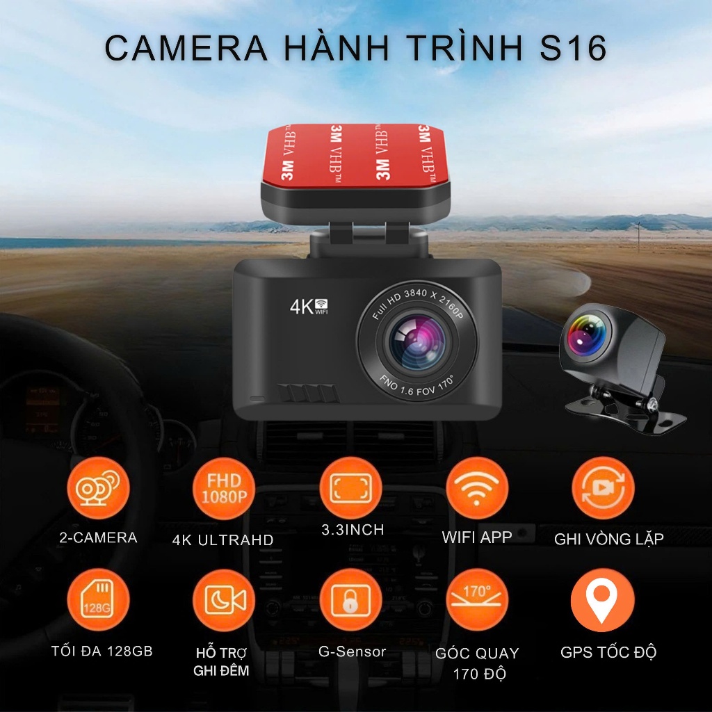 Camera hành trình ô tô S16 CARLOVER ghi hình sắc nét 4K, có kết nối điện thoại, chip SONY IMX335 - Bảo Hành 24 Tháng