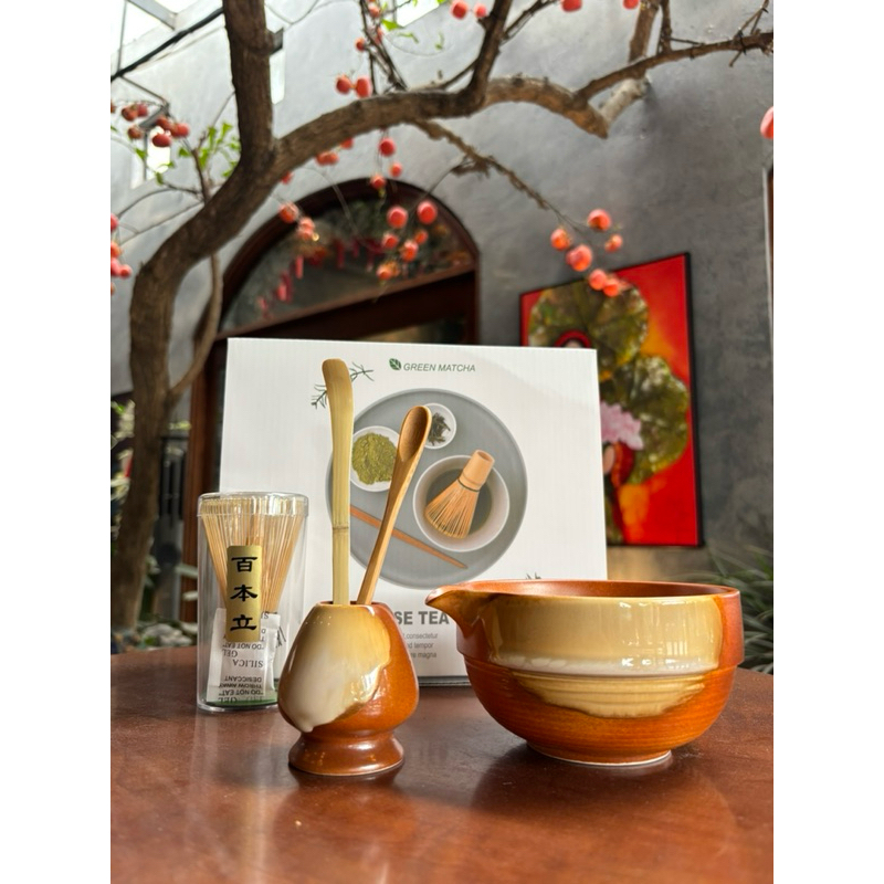 [ HOẢ TỐC ]Set Matcha thủ công Nhật Bản 5 món cao cấp (Màu nâu men cổ )