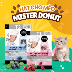 Hạt Mister Donut T1 + T2 dành cho mèo trưởng thành, mèo con túi 1,8kg tốt cho hệ tiêu hóa và tim mạch