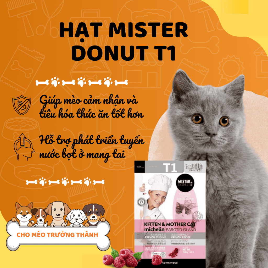Hạt Mister Donut T1 + T2 dành cho mèo trưởng thành, mèo con túi 1,8kg tốt cho hệ tiêu hóa và tim mạch