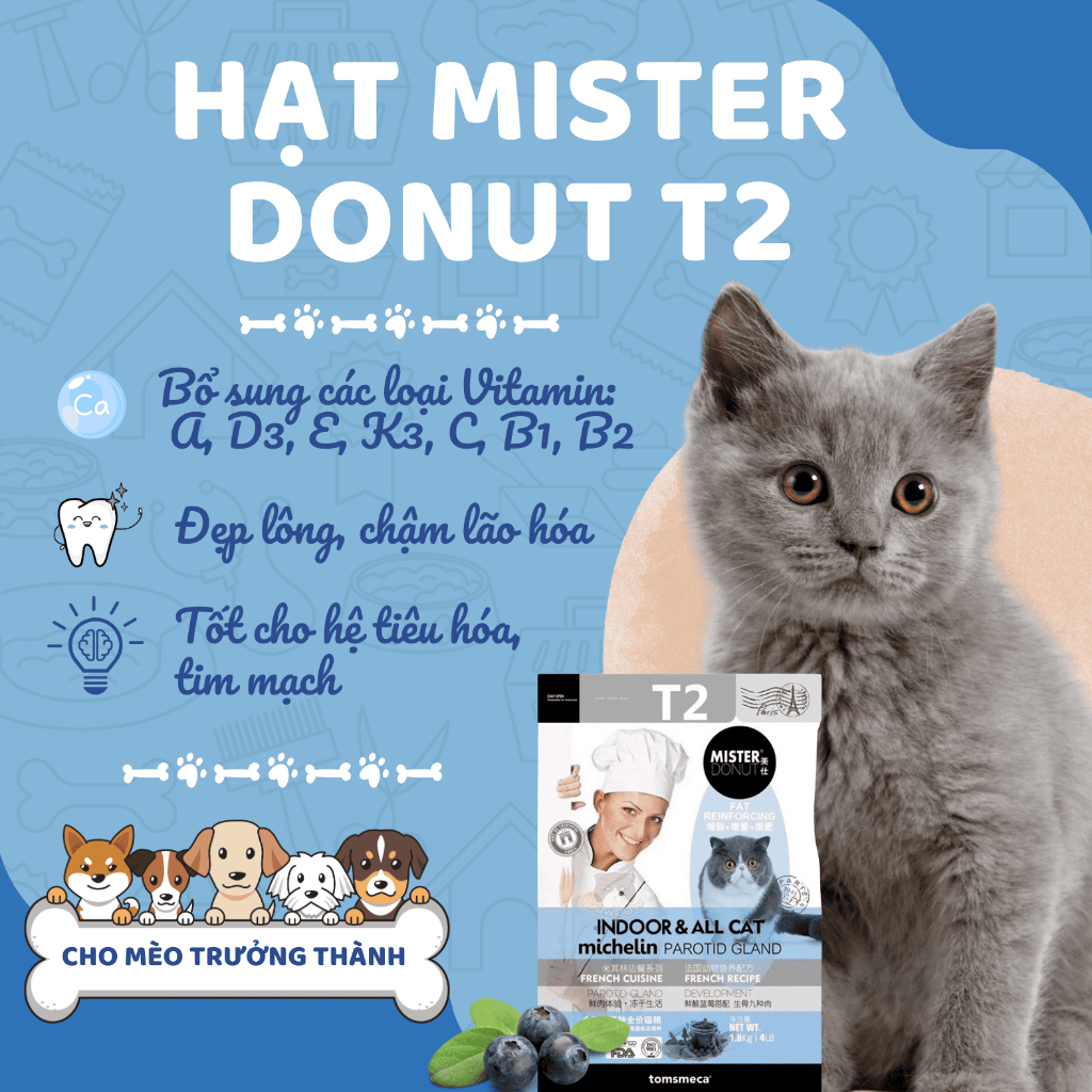 Hạt Mister Donut T1 + T2 dành cho mèo trưởng thành, mèo con túi 1,8kg tốt cho hệ tiêu hóa và tim mạch