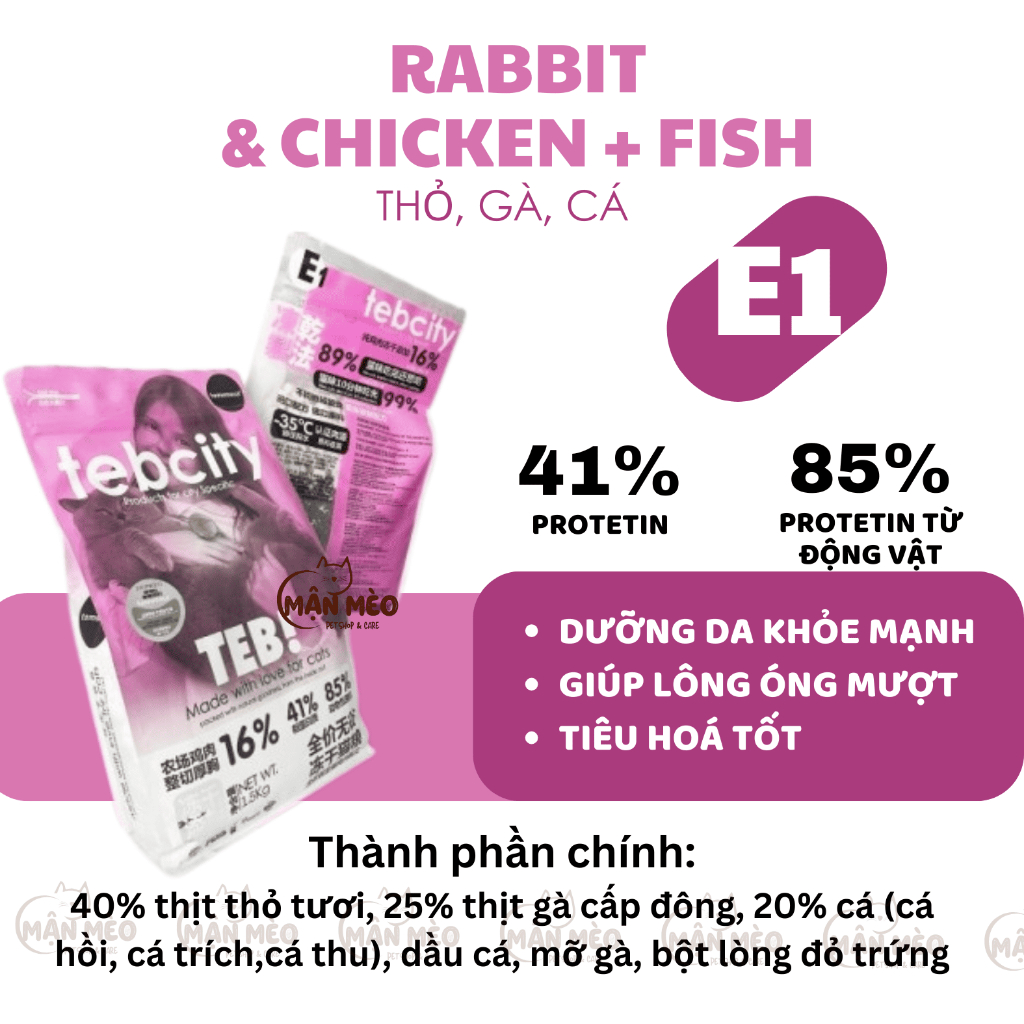Hạt Teb City cho mèo mix topping thịt sấy, grain free túi 1,5kg hỗ trợ tiêu hóa, phát triển trí não cho mèo